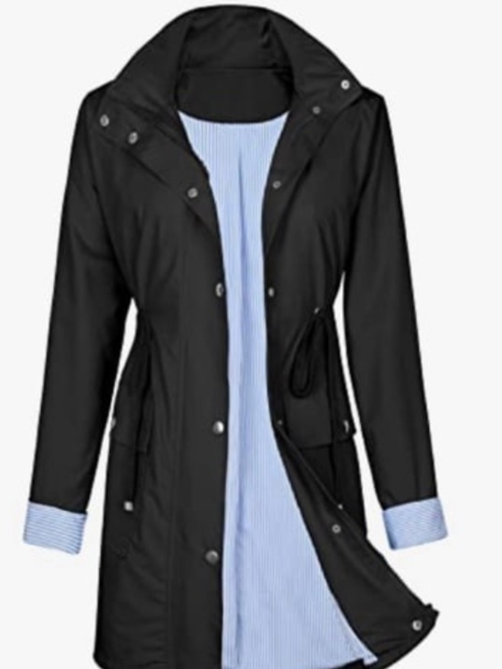 Black Women's Hooded Raincoat with Light Blue Lining